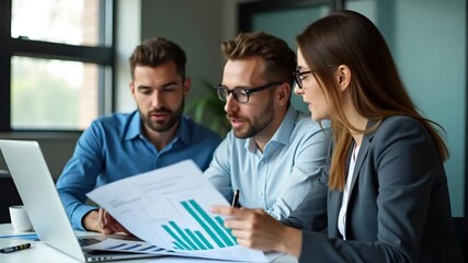 Professional team analyzing financial spreadsheets on shared laptop with focused expressions in modern office environment emphasizing cooperative work approach in  Photo Stock  Concept  and empty spac - Powered by Adobe