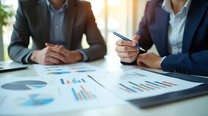Manager and employee sitting at a desk reviewing a performance report with printed charts highlighting achievements with a pen in a professional office environment with soft natural light in  Photo St