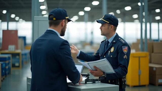Uniformed customs officer USA inspecting import documentation at border checkpoint ensuring compliance with US trade regulations and security protocols in  Photo Stock  Concept  and empty space on the