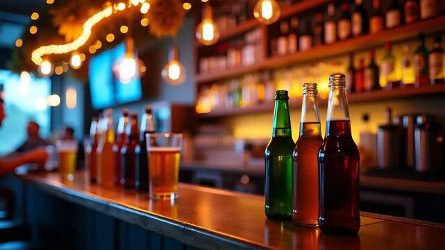 Vibrant beer party gathering showcasing colorful variety of bottled and draft beers on illuminated bar counter with festive decorations overhead in  Photo Stock  Concept  and empty space on the left s