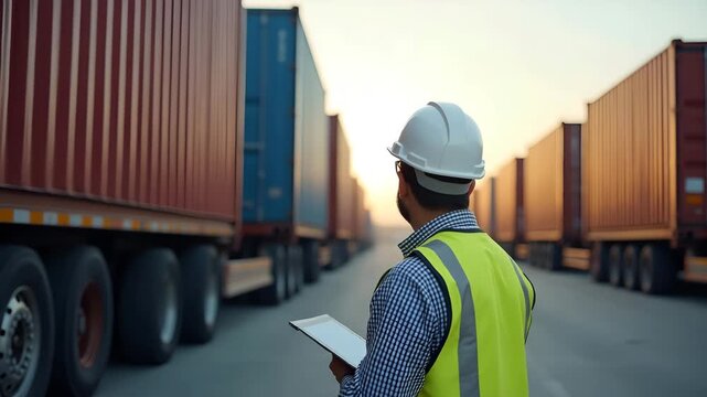 Logistics supervisor inspecting rows of shipping containers loaded on chassis trucks in port container terminal coordinating intermodal transfer operations with digital tracking systems in  Photo Stoc