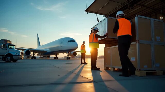Logistics professionals inspecting and managing export air cargo for fast international shipment optimizing clearance and transport processes in  Photo Stock  Concept  and empty space on the left side