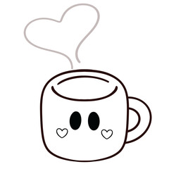 Cute tea mug with heart steam line art illustration 