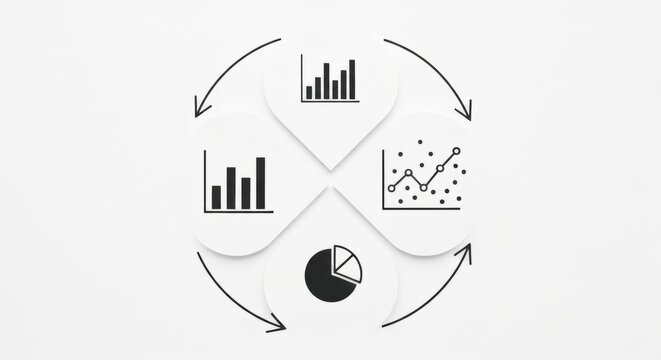 Circular diagram with four sections showing bar charts scatter plot and pie chart on white background business concept