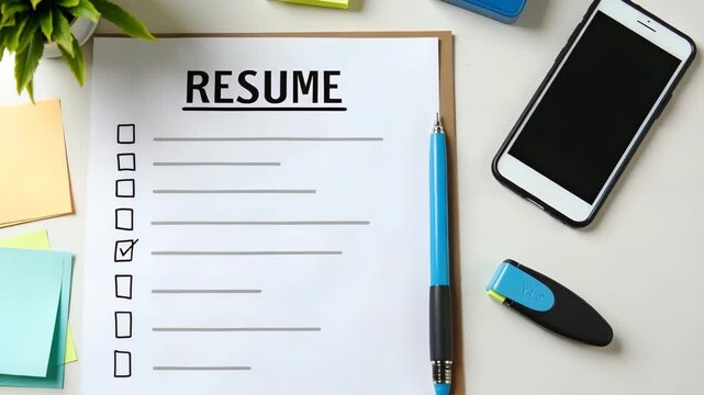 Overhead shot featuring printed resume checklist next to smartphone sticky notes highlighter illustrating structured documentation requirements for professional job applications in  Photo Stock  Conce