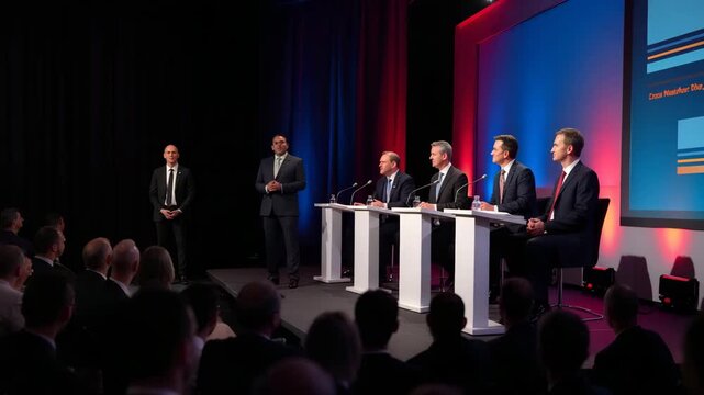 Energetic image of panelists engaging in heated trade policy debate on stage with audience clapping and debate moderator holding microphone in  Photo Stock  Concept  and empty space on the left side