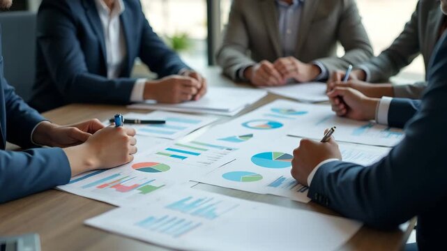 High resolution photograph of negotiation table scene with international delegates examining trade agreement drafts tariff proposals and economic data charts in  Photo Stock  Concept  and empty space 