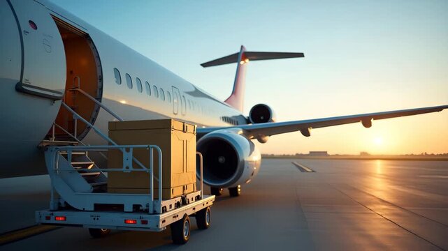 Goods being prepared for takeoff from commercial cargo jet in high priority shipment scenario ensuring fast and secure air freight transport to destinations in  Photo Stock  Concept  and empty space o