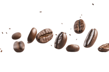 Coffee beans isolated on transparent background, showcasing their rich brown color, oval shape, and characteristic groove, perfect for illustrating coffee culture and production