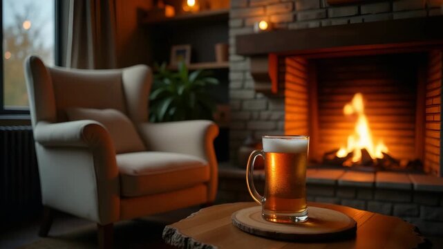 Cozy indoor setting featuring plush armchair beside roaring fireplace with side table holding frosty beer mug beneath warm ambient lighting in  Photo Stock  Concept  and empty space on the left side