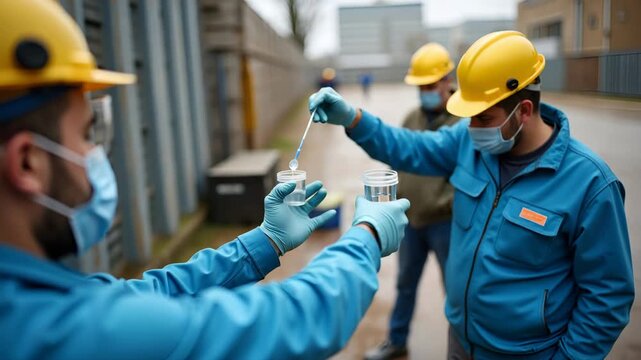 Technicians conducting public water system compliance checks by sampling tap water at multiple locations and testing turbidity chlorine residual and microbial content on?site in  Photo Stock  Concept 