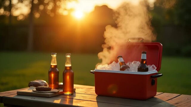 Sunlit backyard barbecue featuring charcoal grill sizzling alongside cooler filled with ice cold beer bottles on picnic table in  Photo Stock  Concept  and empty space on the left side