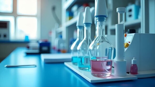 Close up photograph of water testing equipment including pH meter turbidity tube and reagent bottles arranged on laboratory bench in  Photo Stock  Concept  and empty space on the left side