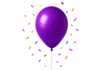 Purple glossy balloon with scattered confetti celebrating. Isolated on a transparent background, perfect for adding text