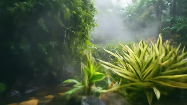 Tranquil outdoor pool surrounded by lush greenery and stone pathway