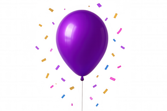 Purple glossy balloon with scattered confetti celebrating. Isolated on a transparent background, perfect for adding text