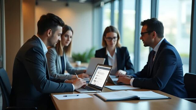 Regulatory compliance team reviewing USA product restrictions guidelines in corporate legal office with binders and laptops open to government websites in  Photo Stock  Concept  and empty space on the