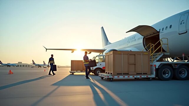 Goods in air transport being unloaded at a major international airport where cargo handlers are inspecting and preparing freight for final destination delivery in  Photo Stock  Concept  and empty spac