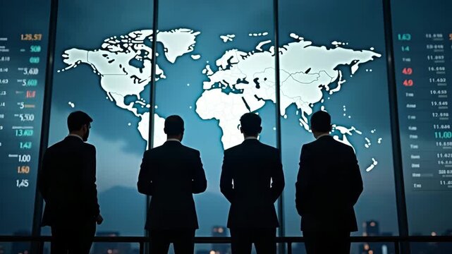 Silhouetted businessmen overlooking international exchange board under stormy cloud overlay conveying global economic tension narrative in  Photo Stock  Concept  and empty space on the left side