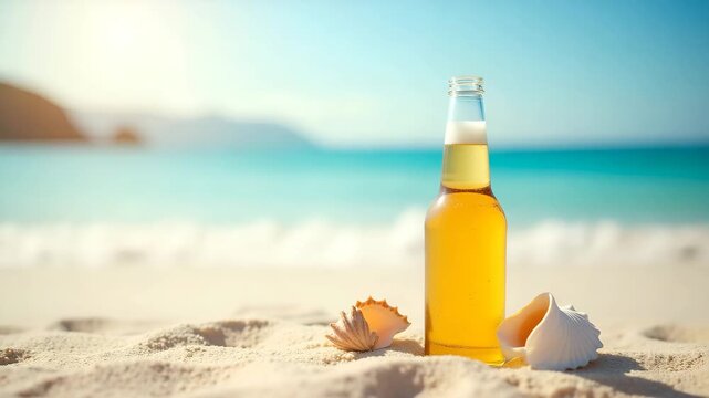 Scenic beach setting featuring cold beer bottle placed on sunlit sand beside shell accentuating coastal relaxation vibe. in  Photo Stock  Concept  and empty space on the left side