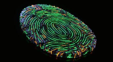 Digital fingerprint identification with glowing green and orange lines on a dark background, representing biometric security and technology