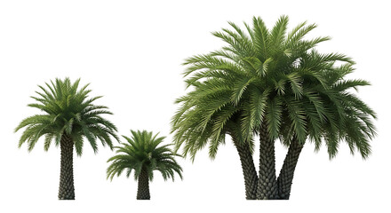 Three green palm trees with textured trunks on transparent background