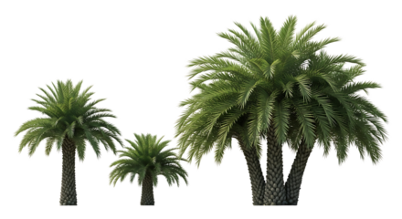 Three green palm trees with textured trunks on transparent background