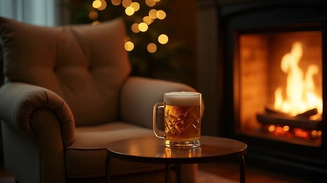 Cozy indoor setting featuring plush armchair beside roaring fireplace with side table holding frosty beer mug beneath warm ambient lighting in  Photo Stock  Concept  and empty space on the left side