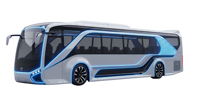 Futuristic bus with sleek design and illuminated accents isolated on transparent background, representing modern transportation and innovation in public transit