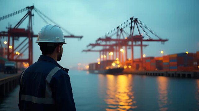 Port manager overseeing shipping containers loading sequence guided by automated cranes in Chinese export hub reflecting high volume throughput control in  Photo Stock  Concept  and empty space on the