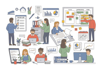 Fototapeta premium Diverse group of people engaging in various activities illustrations