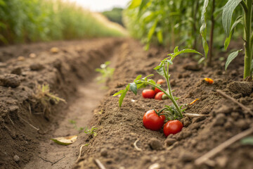 Field soil and cherry tomatoes. Plants. Harvest. Farming. Vegetables. Field.