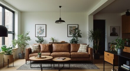 Fototapeta premium Contemporary Living Room with Brown Leather Sofa and Potted Plants Natural Light Creates Welcoming Atmosphere