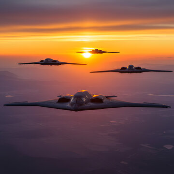 B 2 Stealth Bombers Fly High During a Dramatic Sunset Scenery