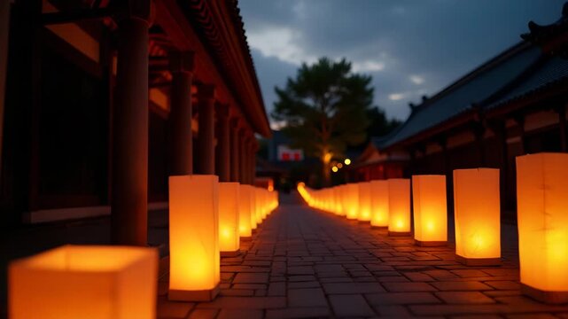 Artisan carefully lighting rows of paper lanterns along temple pathway for Obon ceremony under dusky sky creating serene lantern lit corridor. in  Photo Stock  Concept  and empty space on the left sid