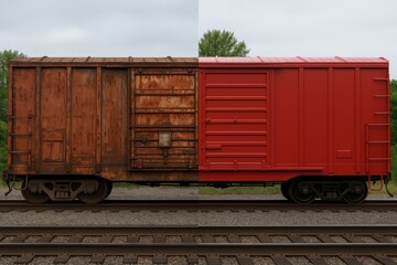 Obraz premium Rusty train car before and after restoration