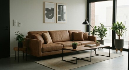 Cozy Living Room With Brown Sectional Sofa and Modern Art Above Fireplace