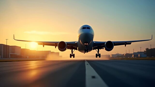 High speed transport aviation scene showing cargo jet taking off at sunrise over airport runway with efficient takeoff cutting edge aviation technology and fast delivery systems in  Photo Stock  Conce