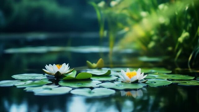 Tranquil water lilies floating on calm water surface with green leaves