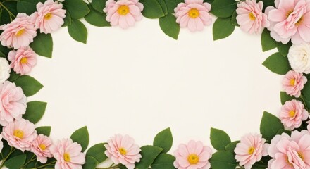 Fototapeta premium Delicate Pink Rose Border With Green Leaves On Textured Cream Background