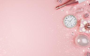 Celebration New Year party elements with clock and champagne on pink backdrop. 3D render illustration