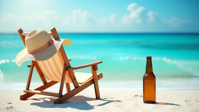 Foldable wooden beach chair overlooking turquoise sea waves sun hat draped over backrest and condensation frosted beer bottle resting on white sand under warm sunlight. in  Photo Stock  Concept  and e