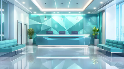 Elegant and Modern Reception Area with Geometric Accents and Turquoise Hues