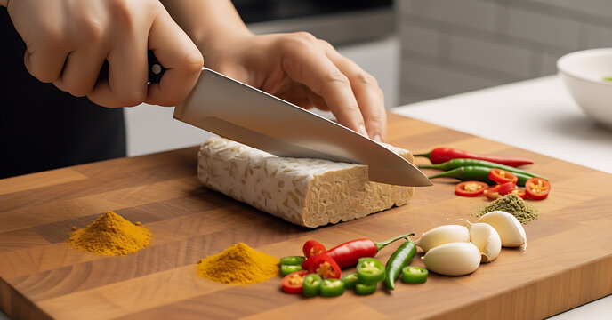 Hands slicing a block of tempeh on a wooden cutting board, surrounded by fresh spices: chili, garlic, and turmeric powder, illustrating cooking preparation for an Indonesian meal.