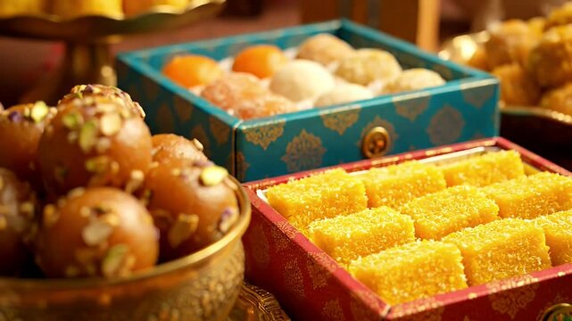 Assortment Of Indian Sweets In Decorative Boxes Close Up Macro View Showing Texture And Detail Of Laddoos And Barfi Indian Desserts