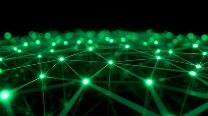 Abstract Data Network: An illuminated network of interconnected nodes, glowing green against a deep black backdrop, representing the intricate connections of the digital world.