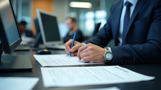 Customs official completing paper customs form for EU goods declaration at busy port desk with stamped files and computer terminals in  Photo Stock  Concept  and empty space on the left side