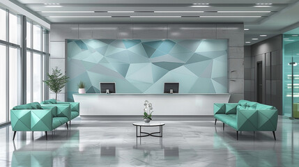 Modern reception area with geometric wall art and teal sofas for professional ambiance