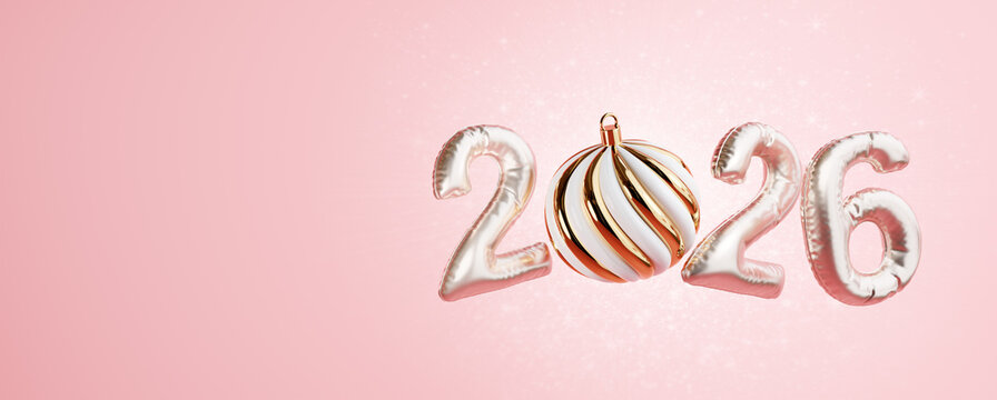 Celebration of New Year 2026 with decorative elements. 3D render illustration