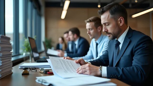 Customs officers examining freight invoices in a modern port customs office filled with document stacks computer terminals stamps and international trade compliance atmosphere in  Photo Stock  Concept